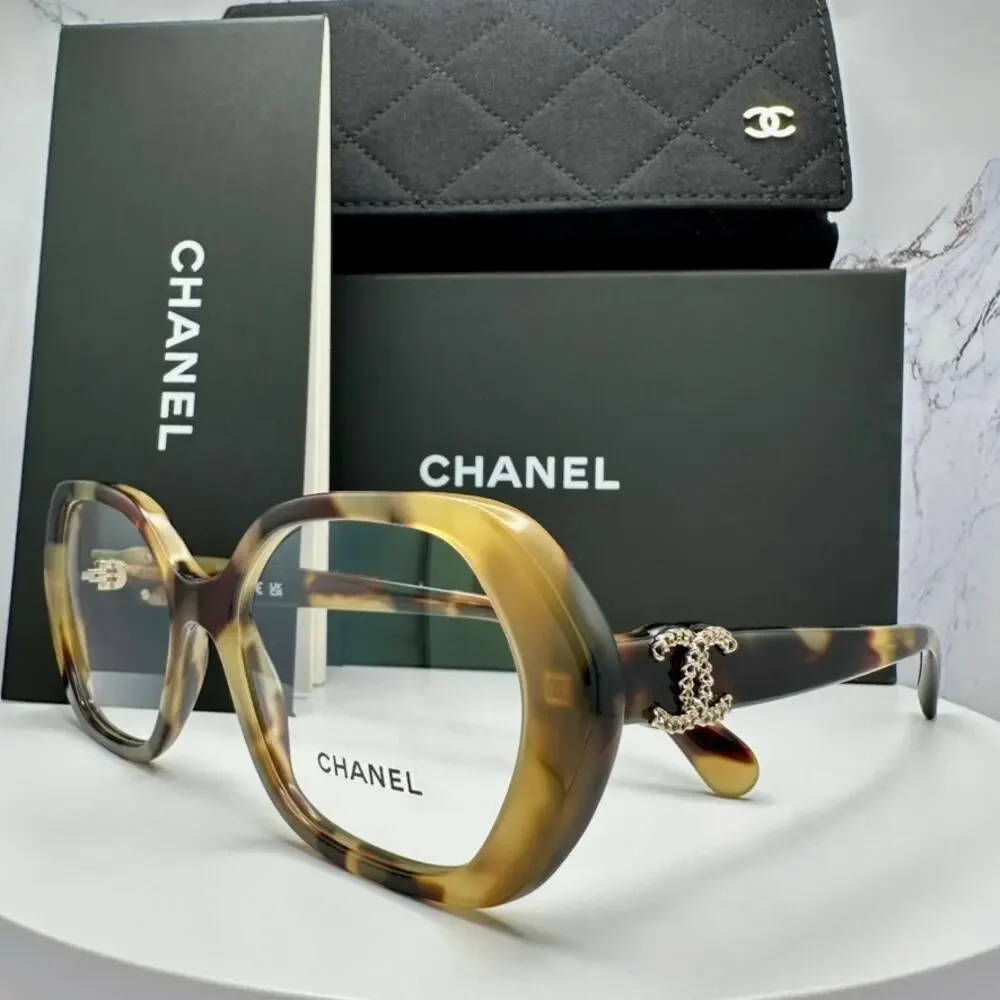 New CHANEL Eyeglasses Brown Gold Chain CC Square Acetate Womens - Picture 1 of 16